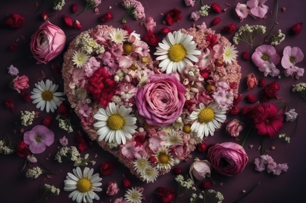 Коробка в форме сердца с цветами и букетом других цветов Генеративный ИИ