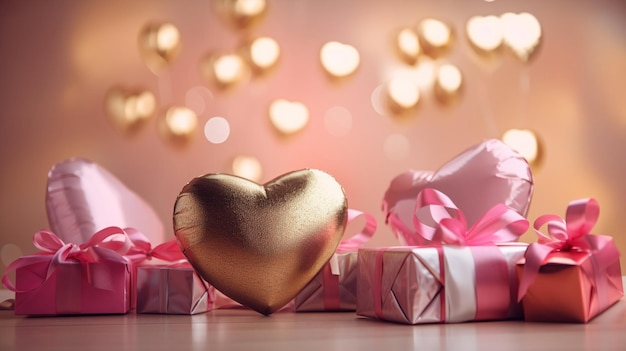 A heart shaped box with gold foil on the top and a pink ribbon on the bottom.