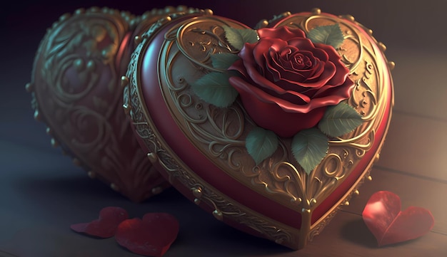 A heart shaped box with a red rose on it.