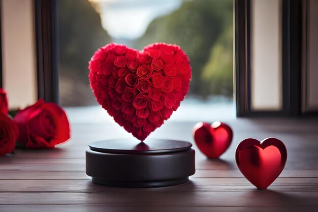 Коробка в форме сердца с красными розами на деревянном полу и окном на заднем плане.