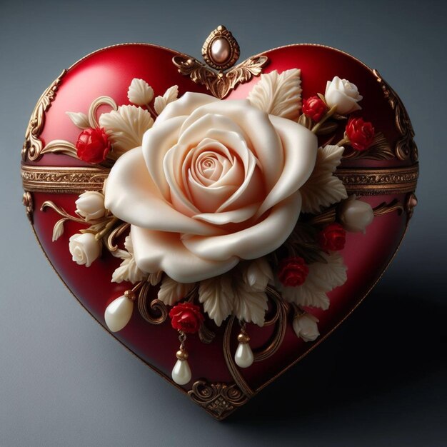 白いバラと赤いバラの心の形の箱