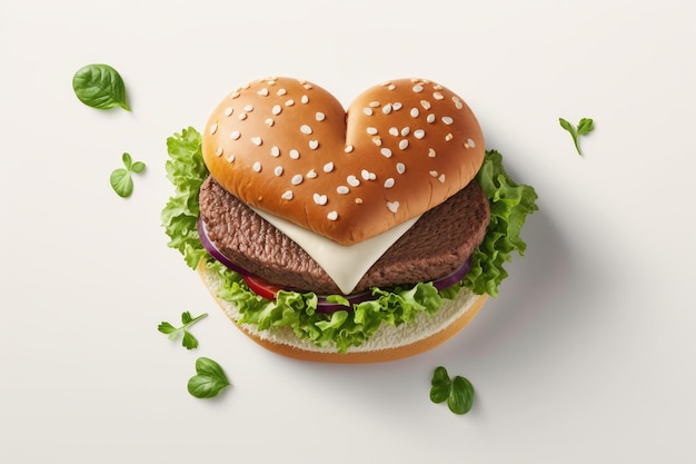 Heart shaped burger laid out on white round bun with chopped onion and lettuce leaves