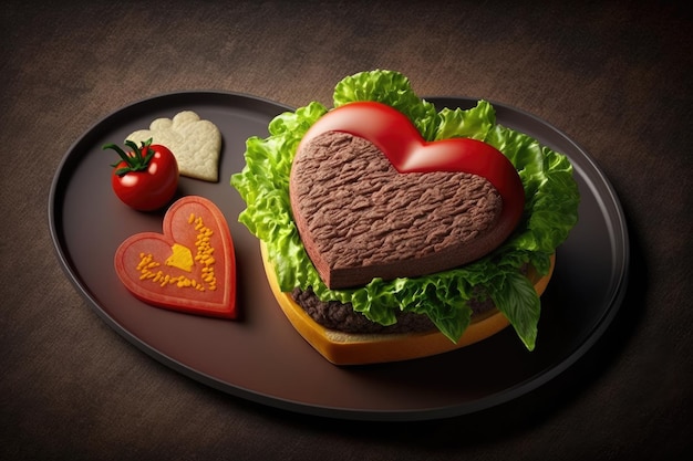 Heart shaped burger with beef patty crisp lettuce leaves and juicy tomatoes