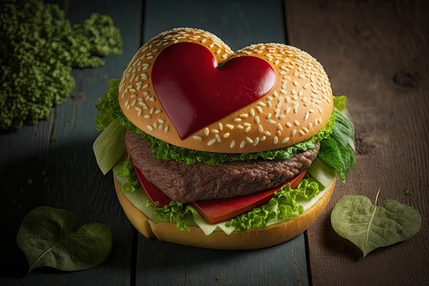 Бургер в форме сердца с сочной котлетой, украшенной листьями салата