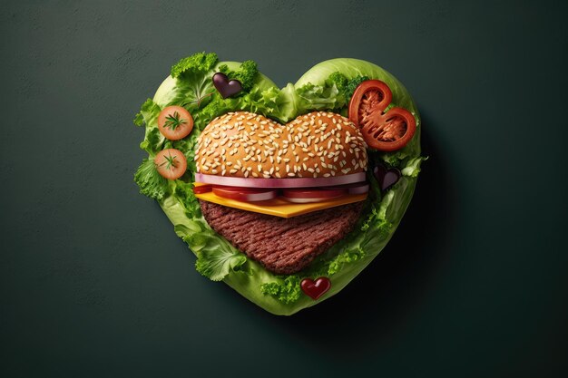 Heart shaped burger with large juicy beef cutlet and green lettuce
