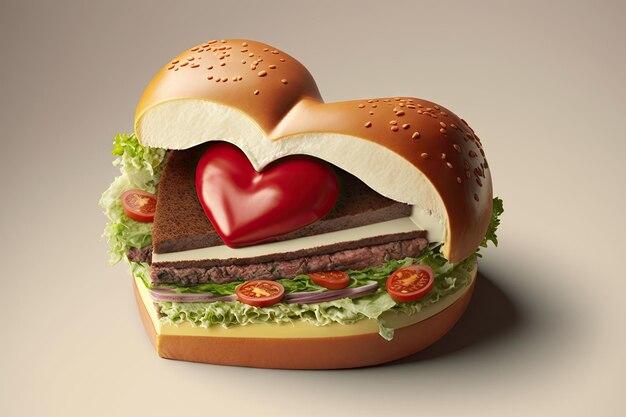 Heart shaped burger with piece of meat in top section and small cut on side