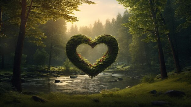 heart shaped by green tree in forest