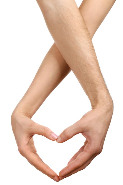 Heart shaped by male and female hands isolated on white