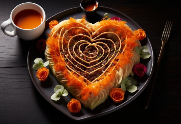 Heart shaped cake on plate with cup of tea