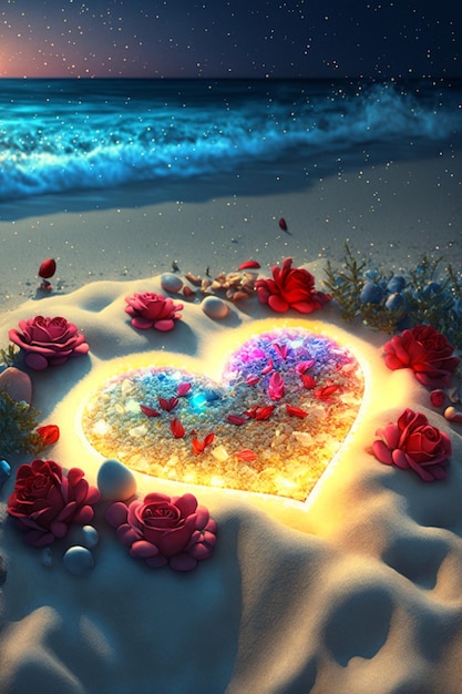 Heart shaped cake sitting on top of a sandy beach generative ai