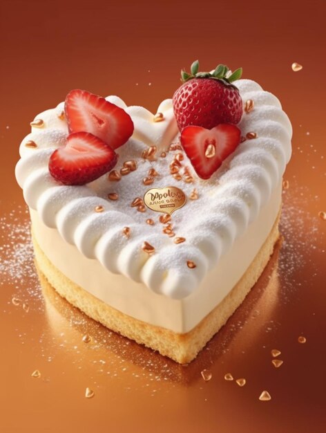 Foto una torta a forma di cuore con una fragola in cima.