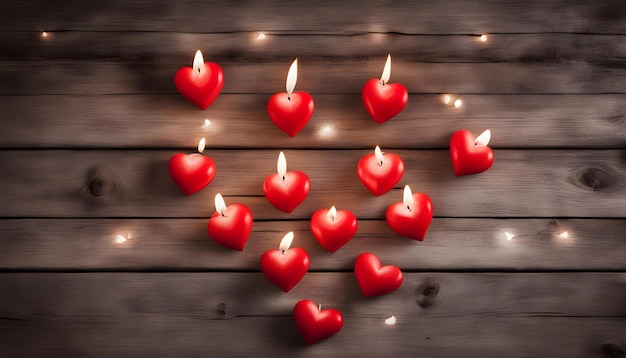 Photo a heart shaped candle is lit up on a wooden background with a christmas tree in the background
