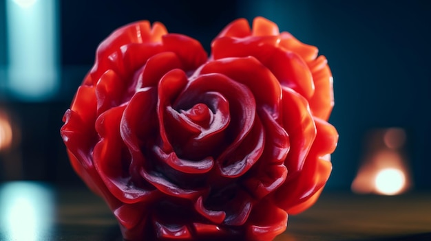 A heart shaped candle is made of red candy.