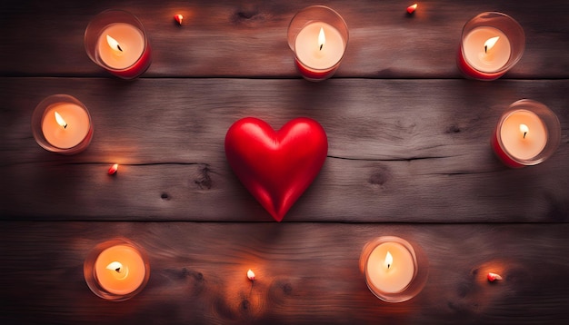 a heart shaped candle is placed on a wooden background with candles