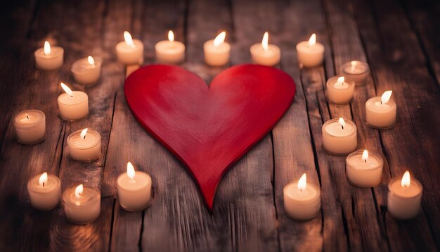 Photo a heart shaped candle is placed on a wooden table with candles