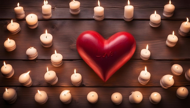 Photo a heart shaped candle is on a wooden wall with a red heart in the middle
