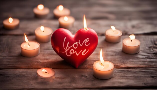 a heart shaped candle with a red heart and candles