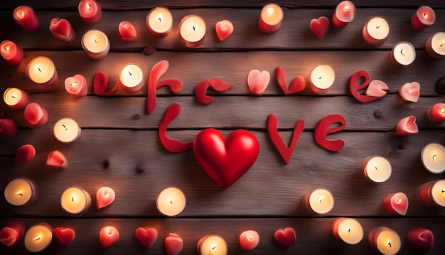 a heart shaped candle with the words  the word love  on a wooden background