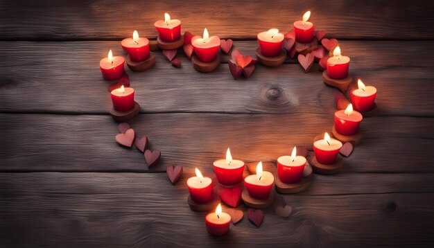 Photo heart shaped candles in a heart shape with a heart shaped heart on a wooden background