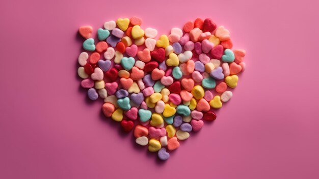 A heart shaped candy heart is surrounded by pink hearts.