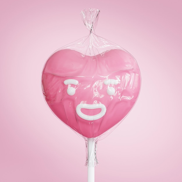 Heart shaped candy lollipop with funny face Valentines day advertising 3d render