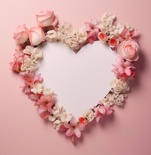 a heart shaped card with pink flowers and a white paper on a pink background colorful arrangements