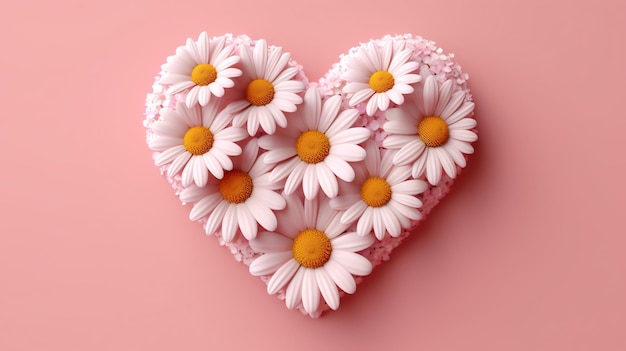 A heart shaped Chamomile decorated with daisies on a pink background