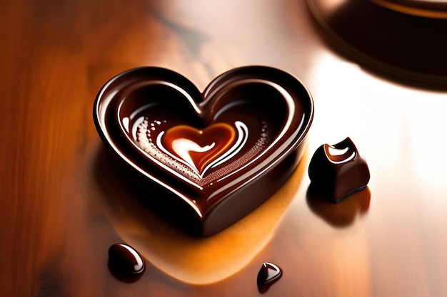 A heart shaped chocolate bar on a wooden background