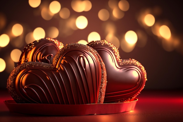 Heart shaped chocolate candies on the background of festive lights Valentines day Generative AI