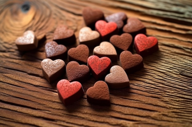 A heart shaped chocolate hearts are on a wooden table.