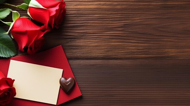 heart shaped chocolate and rose on wood table