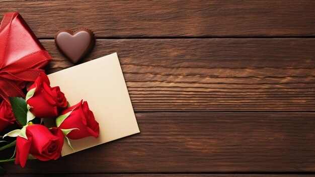 heart shaped chocolate and rose on wood table