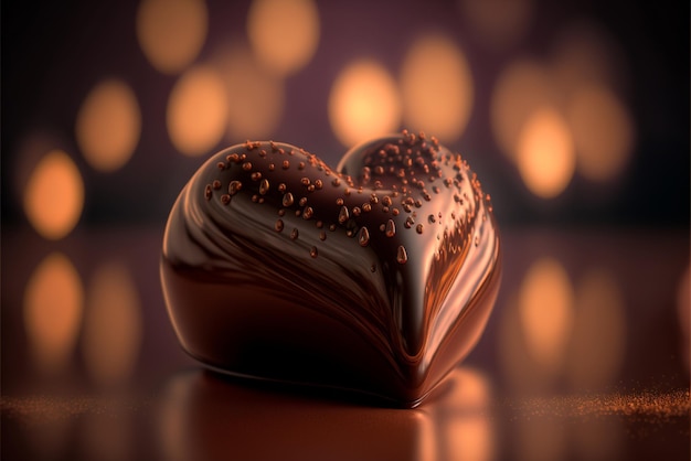 A heart shaped chocolate that is on a table