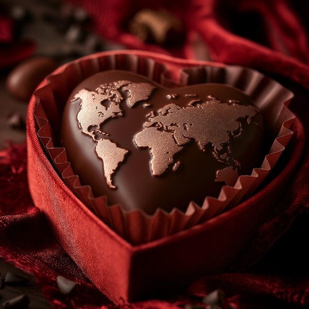 Foto cioccolato a forma di cuore con world map design generative ai