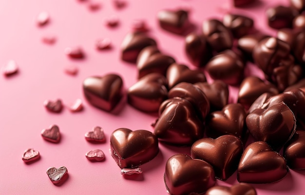 心の形のチョコレートをピンクの背景に コピースペース ホリデー バレンタインデー 愛