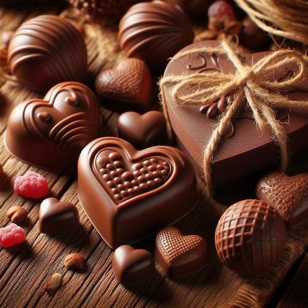 Foto cioccolati a forma di cuore su sfondo di legno con amore
