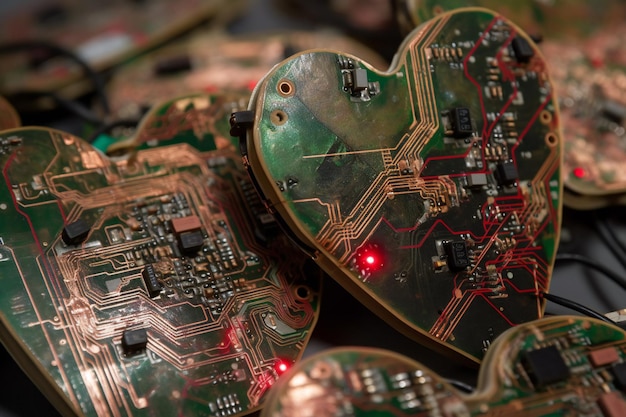A heart shaped circuit board with red lights on it