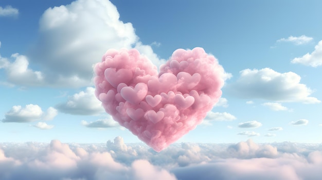 Heart shaped cloud against blue sky with white clouds 3D illustration