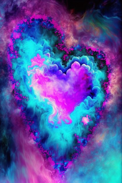 A heart shaped cloud in the middle of a blue and purple background generative ai