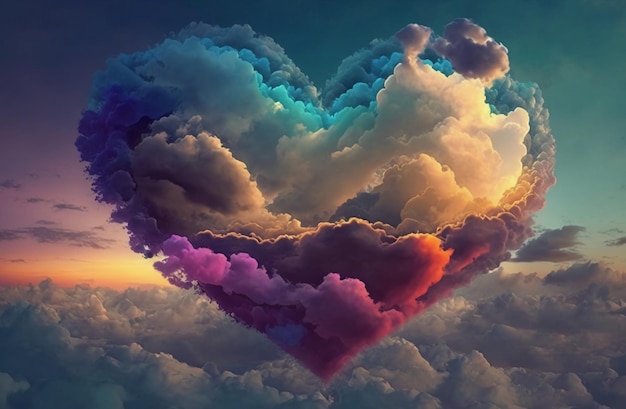 중간에 사랑이라는 단어가 있는 하늘의 하트 모양의 구름.