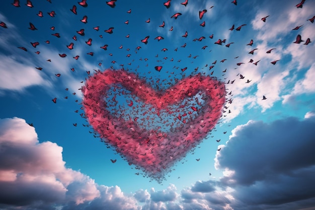 A heart shaped cloud with many small hearts flying in the sky