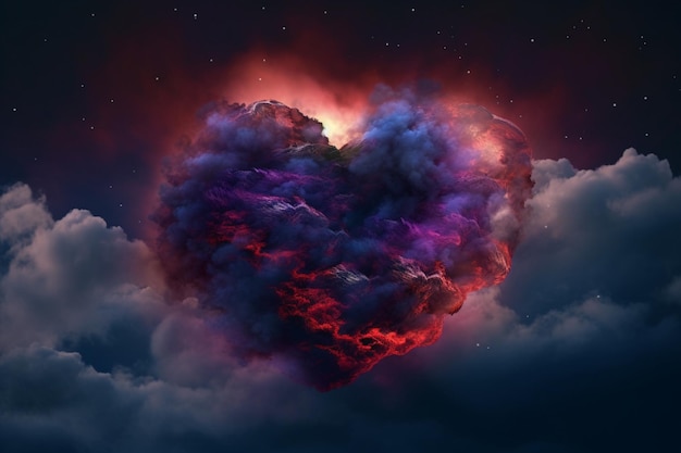 A heart shaped cloud with a purple and red cloud in the center.