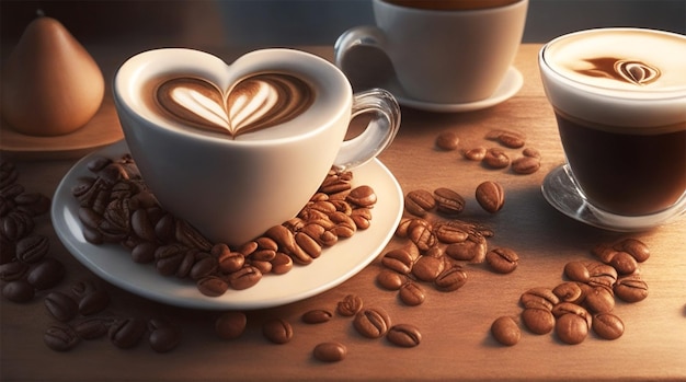 Heart shaped coffee beans and cup of latte on wooden table