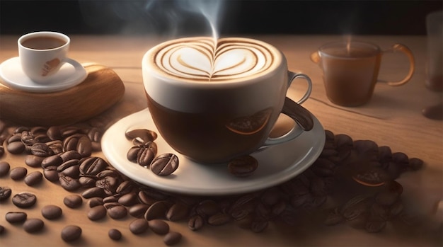 Heart shaped coffee beans and cup of latte on wooden table