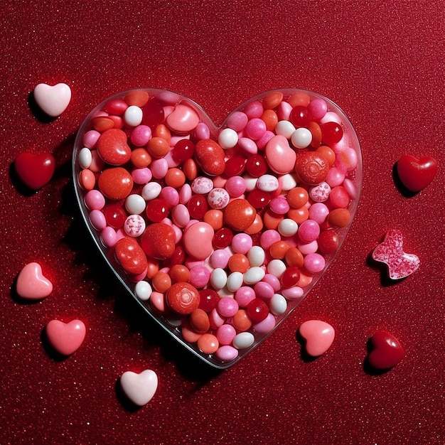 A heart shaped container of candy sits on a red background