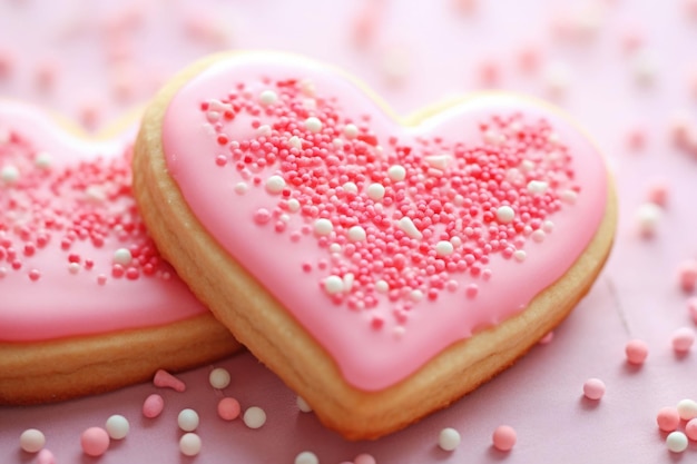 Heart shaped cookie with pink icing and heart sprinkles Valentine's day treat Generative AI illustration