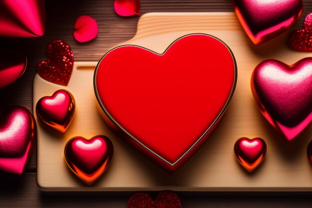 A heart shaped cookie with red hearts on the table