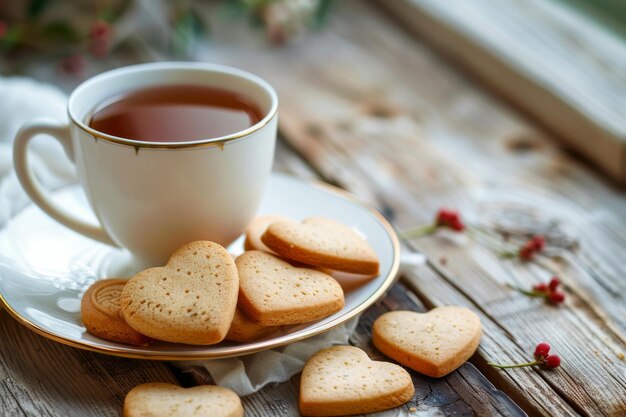 写真 ハートの形のクッキーとお茶