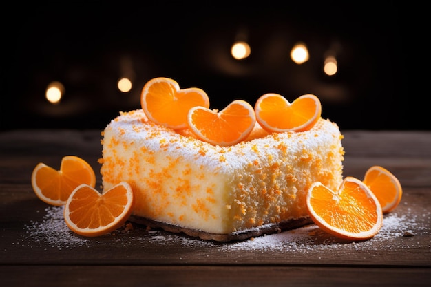 Heart shaped creamy cake with orange slices