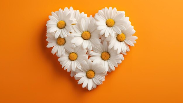 Heart shaped created with Chamomile isolated in orange background Generative Ai